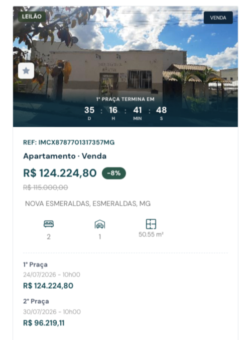 Listagem de imóveis Caixa com 1ª e 2ª praça e desconto